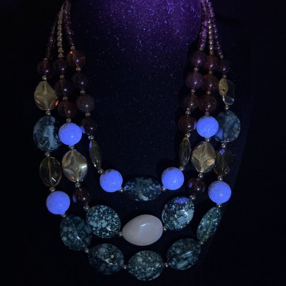 Triple Strand Gold Tone Brown, Aqua And White Graduated Beads Necklace (3890) - Picture 2 of 6